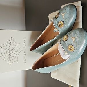 Rare Vintage Charlotte Olympia Mechanical Kitty Flats in verdigris/silver sz 40